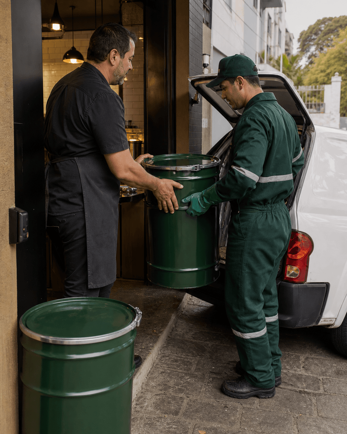 Coleta de recipiente de óleo usado na entrada de um restaurante